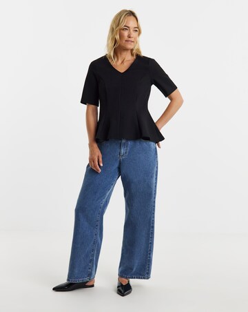 Black V-Neck Peplum Short Sleeve Top