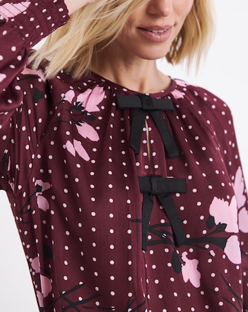 Burgundy Floral Bow Front Satin Blouse