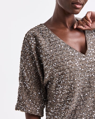 Mocha Sequin V-Neck Angel Sleeve Top