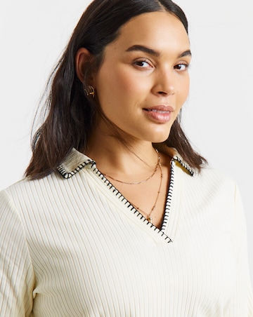 Simply Be Cream Rib Blanket Stitch Polo Top