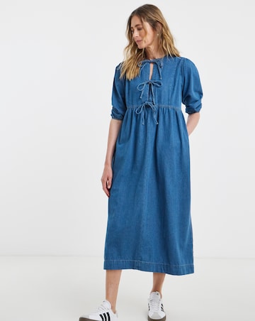 Blue Peplum Puff Sleeve Denim Dress