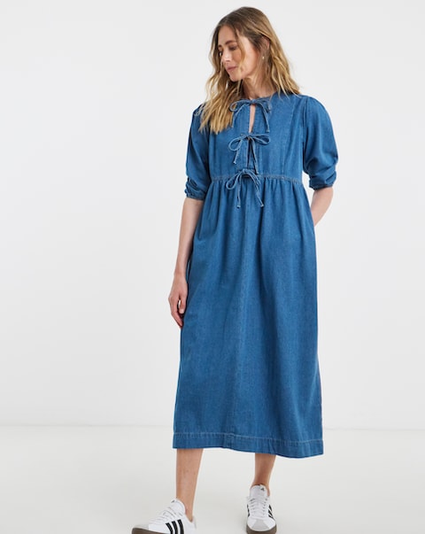 Blue Peplum Puff Sleeve Denim Dress