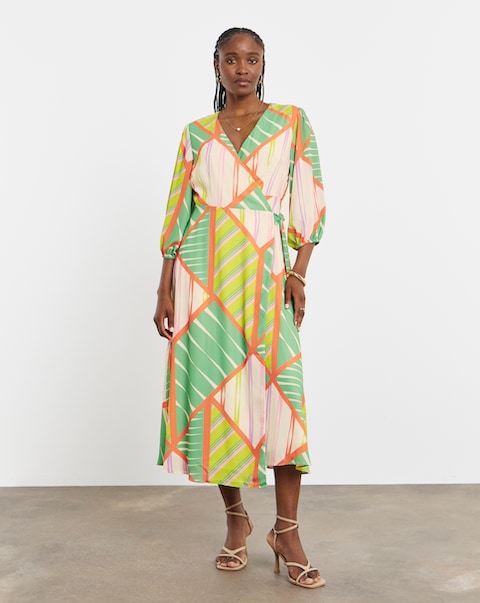 Joanna Hope Geo Print Functional Wrap Midi Dress