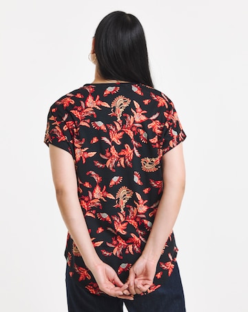 Print V-Neck Short Sleeve Longline Curved Hem Top