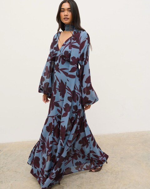Pretty Lavish Petula Batwing Scarf Floral Print Maxi Dress