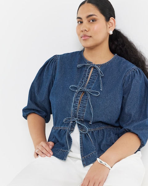 Simply Be Dark Blue Tie Front Denim Peplum Blouse