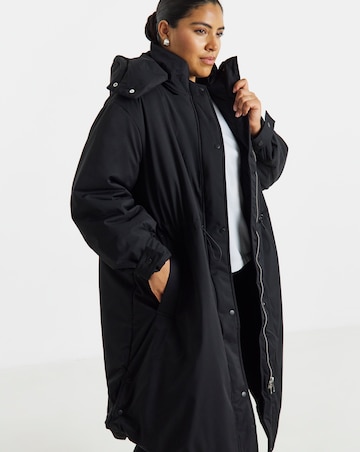 Black Fleece Lined Adjustable Waist Padded Parka