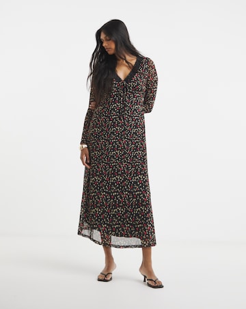 Simply Be Black Print Mesh Lace Trim Midi Dress