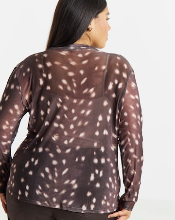 Brown Deer Print High Neck Mesh Top