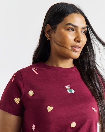 Simply Be Plum All Over Christmas Embroidery T-Shirt