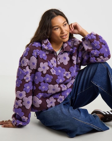 Simply Be 3D Purple Floral 1/2 Zip Bubble Hem Borg