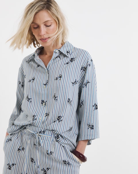 Stripe Print Linen Mix Half Sleeve Shirt
