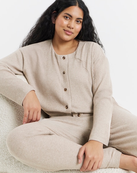 Figleaves Soft Knit Button Through Lounge Set Oatmeal