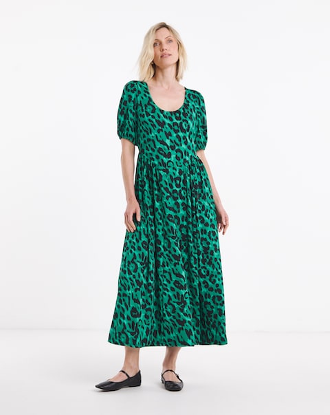 Green Animal Print Jersey Detail Midi Dress