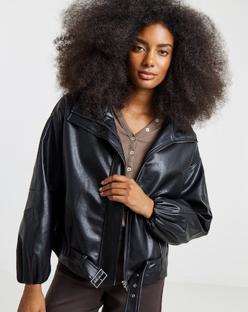 Black Faux Leather Quilted Jacket With Detachable Fur Collar