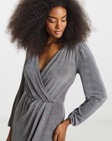 Silver Grey Slinky Wrap Front Midi Dress