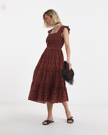 Chocolate Broderie Shirred Midi Dress