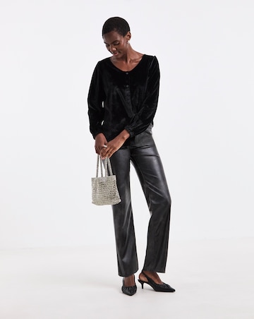 Black Velvet Button Front Long Sleeve Top
