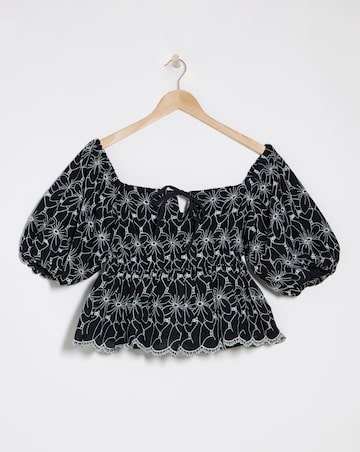 Lovedrobe Broderie Puff Sleeve Square Neck Elasticated Waist Peplum Top