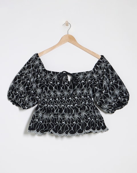 Lovedrobe Broderie Puff Sleeve Square Neck Elasticated Waist Peplum Top