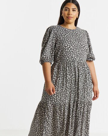 Mono Ditsy Print Tiered Midi Dress