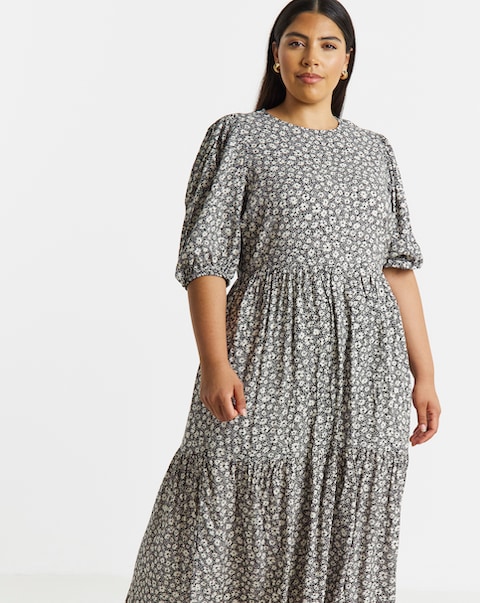 Mono Ditsy Print Tiered Midi Dress