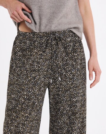 Khaki Print Textured Jersey Tie Waist Wide Leg Trouser