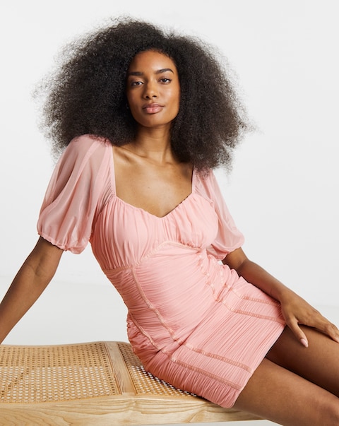 Simply Contour Pink Stretch Ruched Mesh Contouring Seam Bodycon Dress