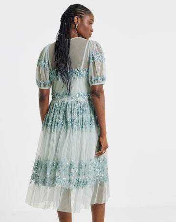 Maya Curve Puff Sleeve Stripe Sequin Embellished Tulle Midi Dress
