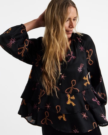 Black Bow Print Satin Peplum Blouse