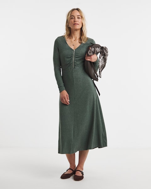 Zip Front Ruched Long Sleeve Dress