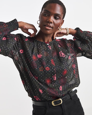 Printed Blouson Sleeve Collarless Georgette Blouse