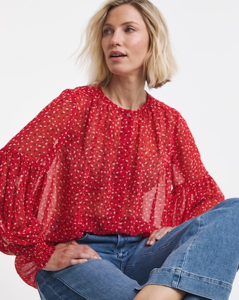 Red Ditsy Shirred Button Through Top
