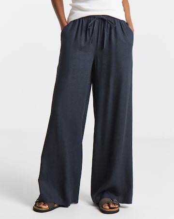 Simply Be Navy Tie Waist Linen Mix Wide Leg Trousers