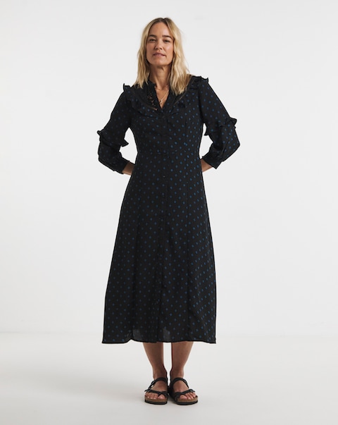 Lace Yoke Frilled Shirt Dress