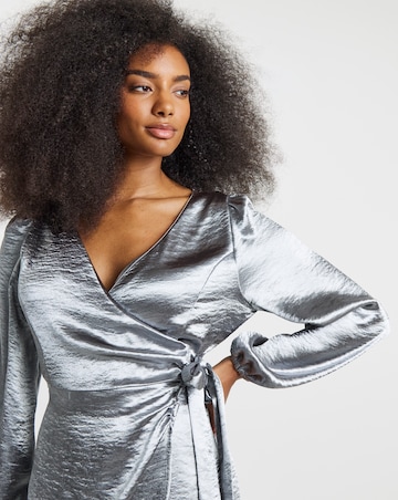 Grey Satin Tie Front Long Sleeve Dress