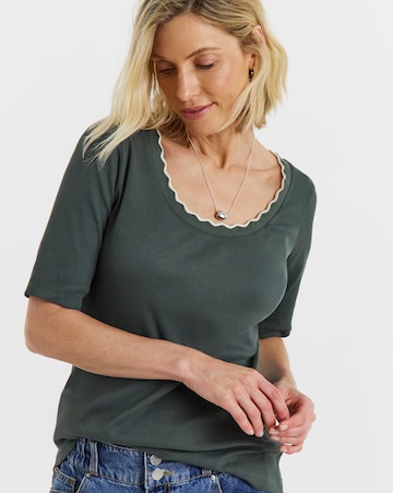 Khaki And Cream Contrast Scallop Scoop Neck Top