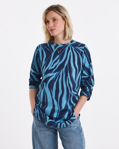 Blue Printed Longline Curved Hem 3/4 Sleeve