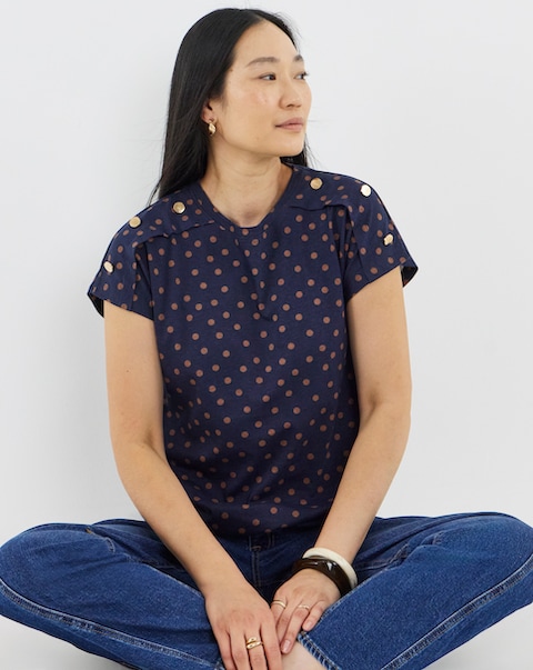 Navy Button Shoulder Bubble Hem Top