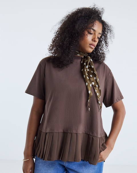 Simply Be Chocolate Tee With Woven Pleated Back
