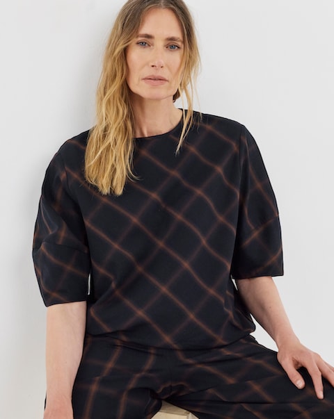 Navy Check Structured Sleeve Top