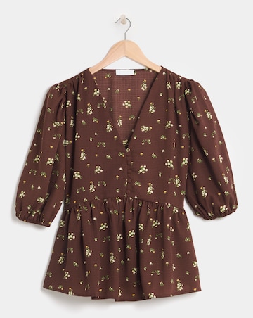 Button Through Chocolate Floral Peplum Blouse