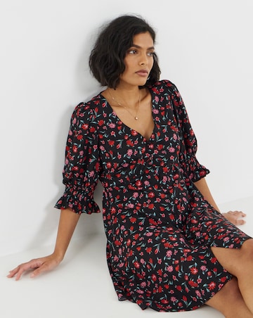 Simply Be Black Floral Shirred Sleeve Tea Dress