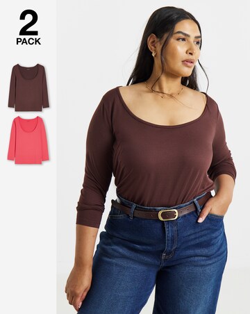 Simply Be Chocolate And Pink 2 Pack Scoop Neck Tops