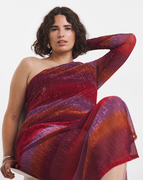 Multi Ombre Stripe Pleated Glitter Mesh One Shoulder Maxi Column Dress