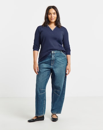Simply Be Navy Rib Blanket Stitch Polo Top