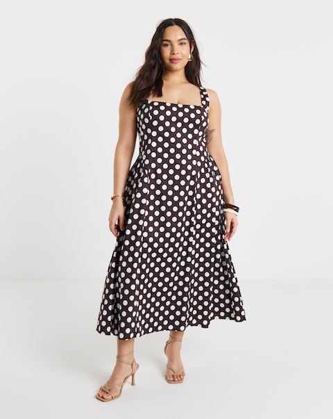 Chocolate Spot Printed Cotton Waist Detail Midi Dress