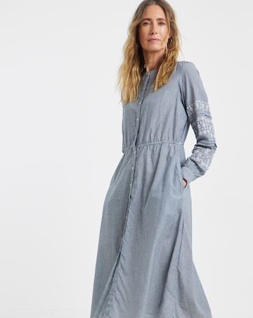 Anise Coralie Embroidered Sleeve Button Front Cotton Dress