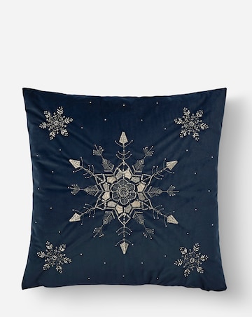 Embroidered Snowflake Velvet Cushion - Navy