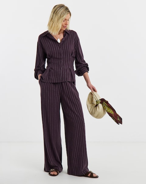 Plum Pinstripe Tie Waist Wide Leg Co-Ord Trouser